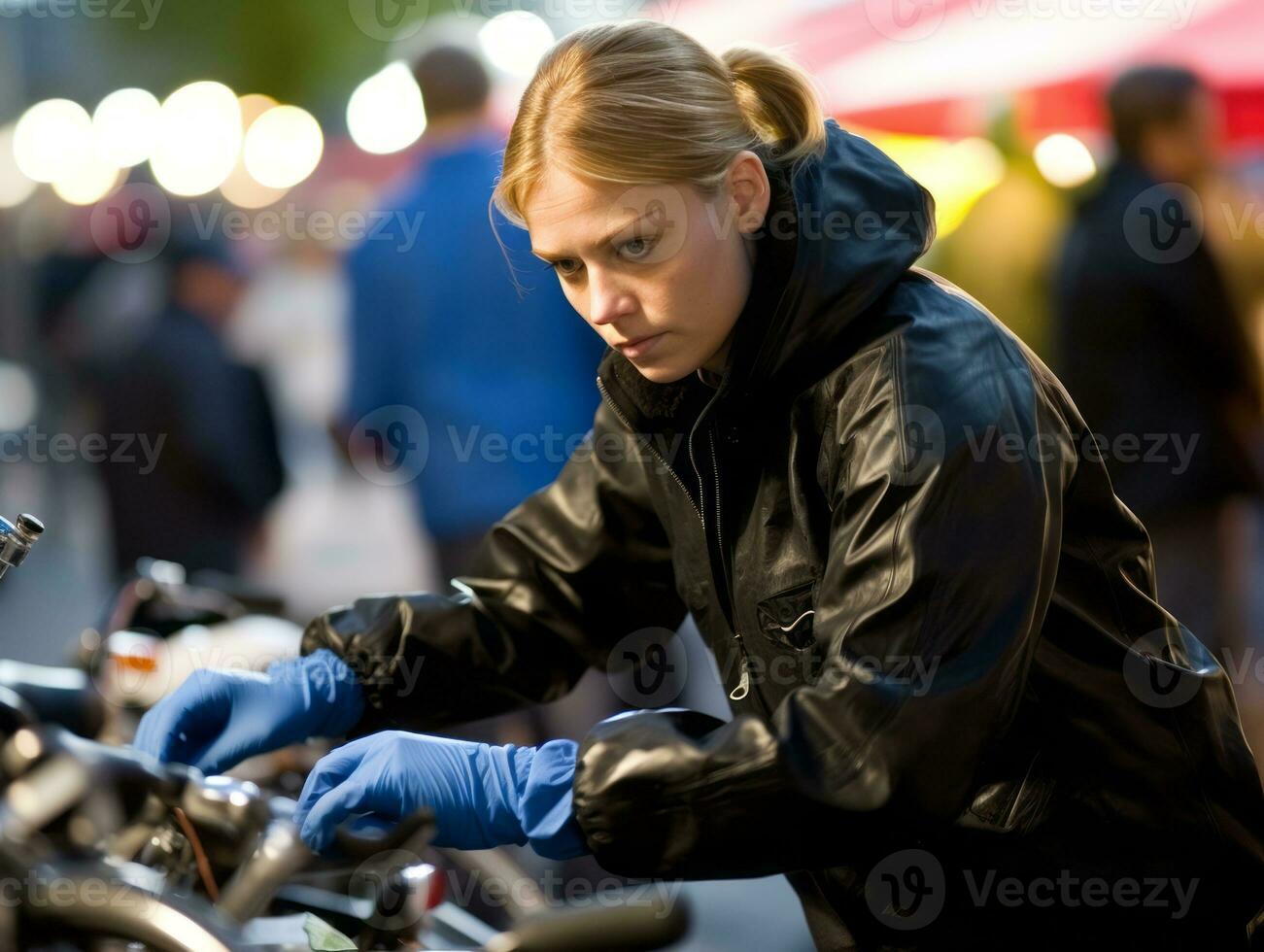 Policewoman is carefully examining the crime scene for potential evidence AI Generative photo