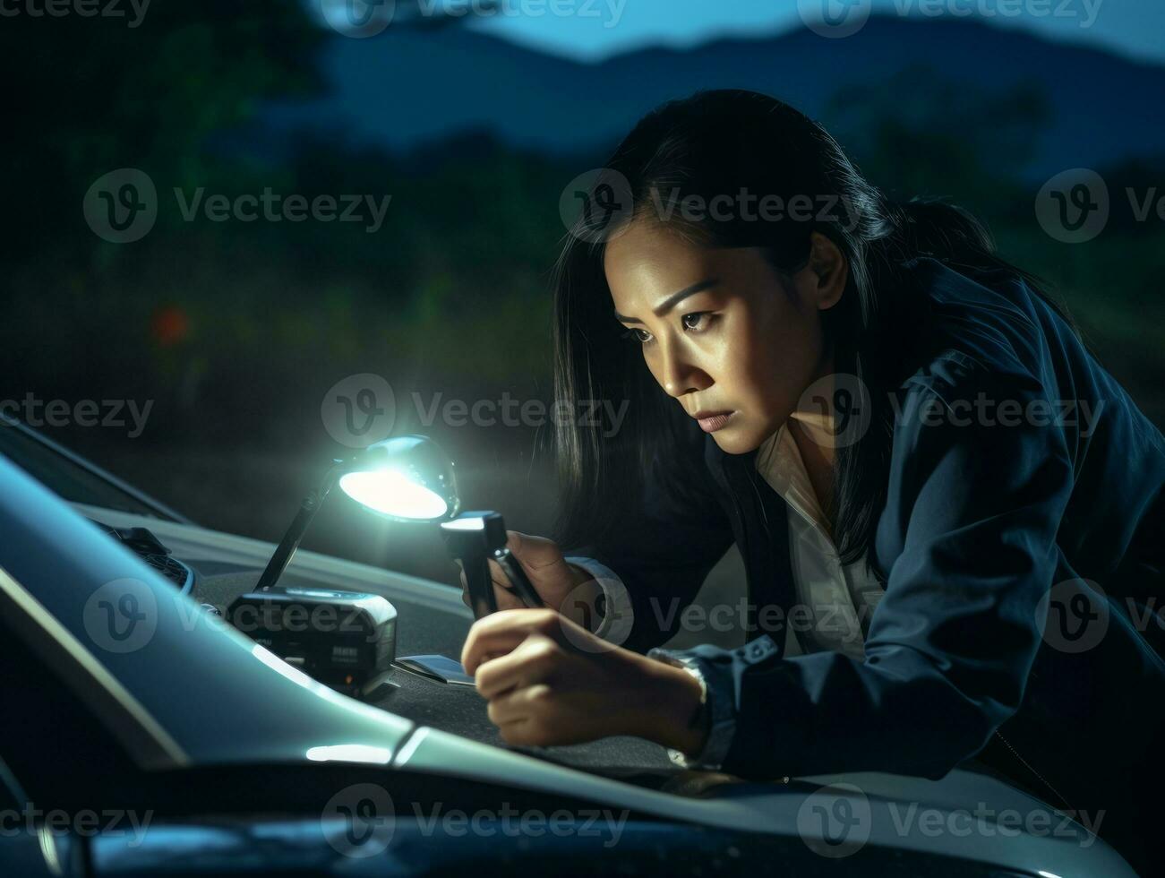 Policewoman is carefully examining the crime scene for potential evidence AI Generative photo