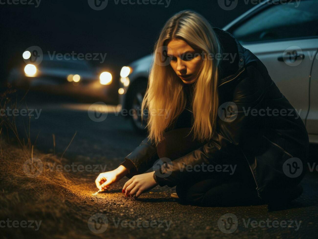 mujer policía es cuidadosamente examinando el crimen escena para potencial evidencia ai generativo foto