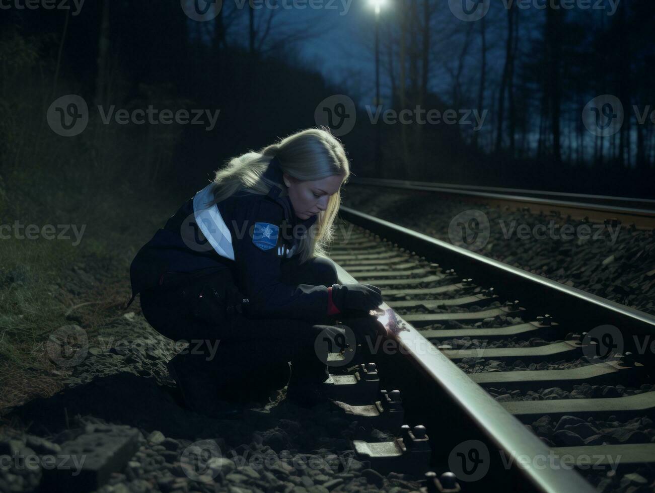 Policewoman is carefully examining the crime scene for potential evidence AI Generative photo