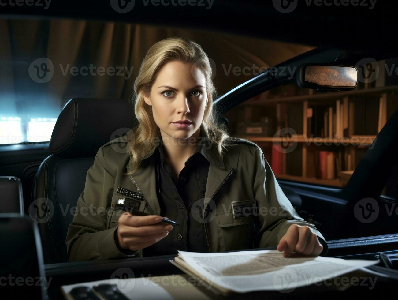 Policewoman is carefully examining the crime scene for potential evidence AI Generative photo