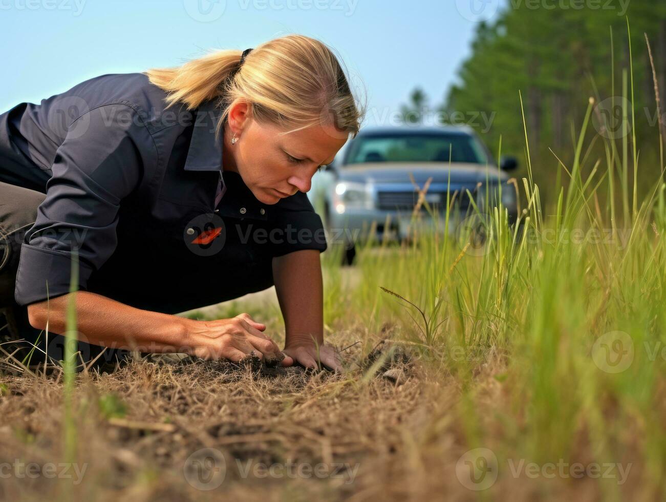 Policewoman is carefully examining the crime scene for potential evidence AI Generative photo