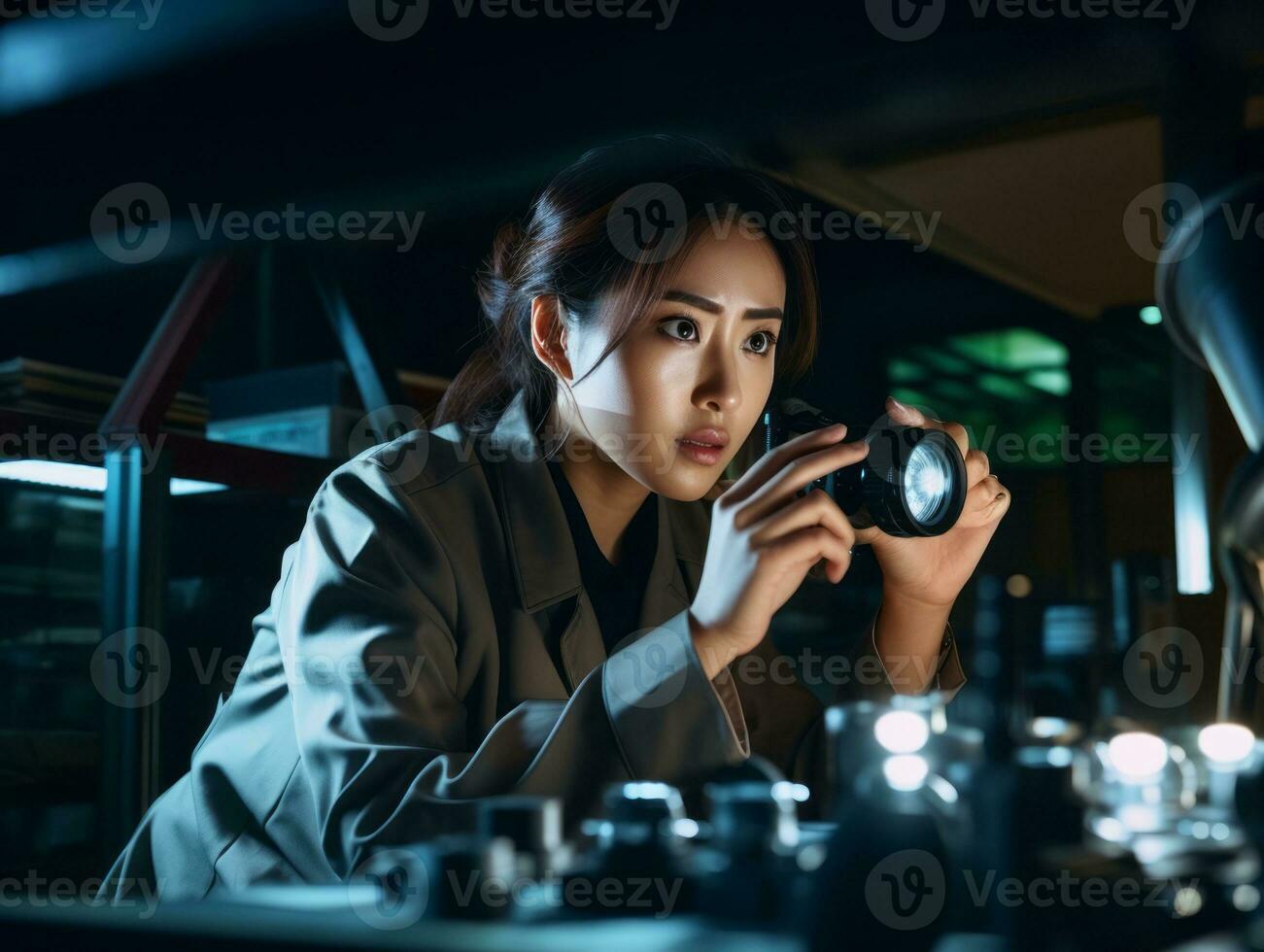 Policewoman is carefully examining the crime scene for potential evidence AI Generative photo