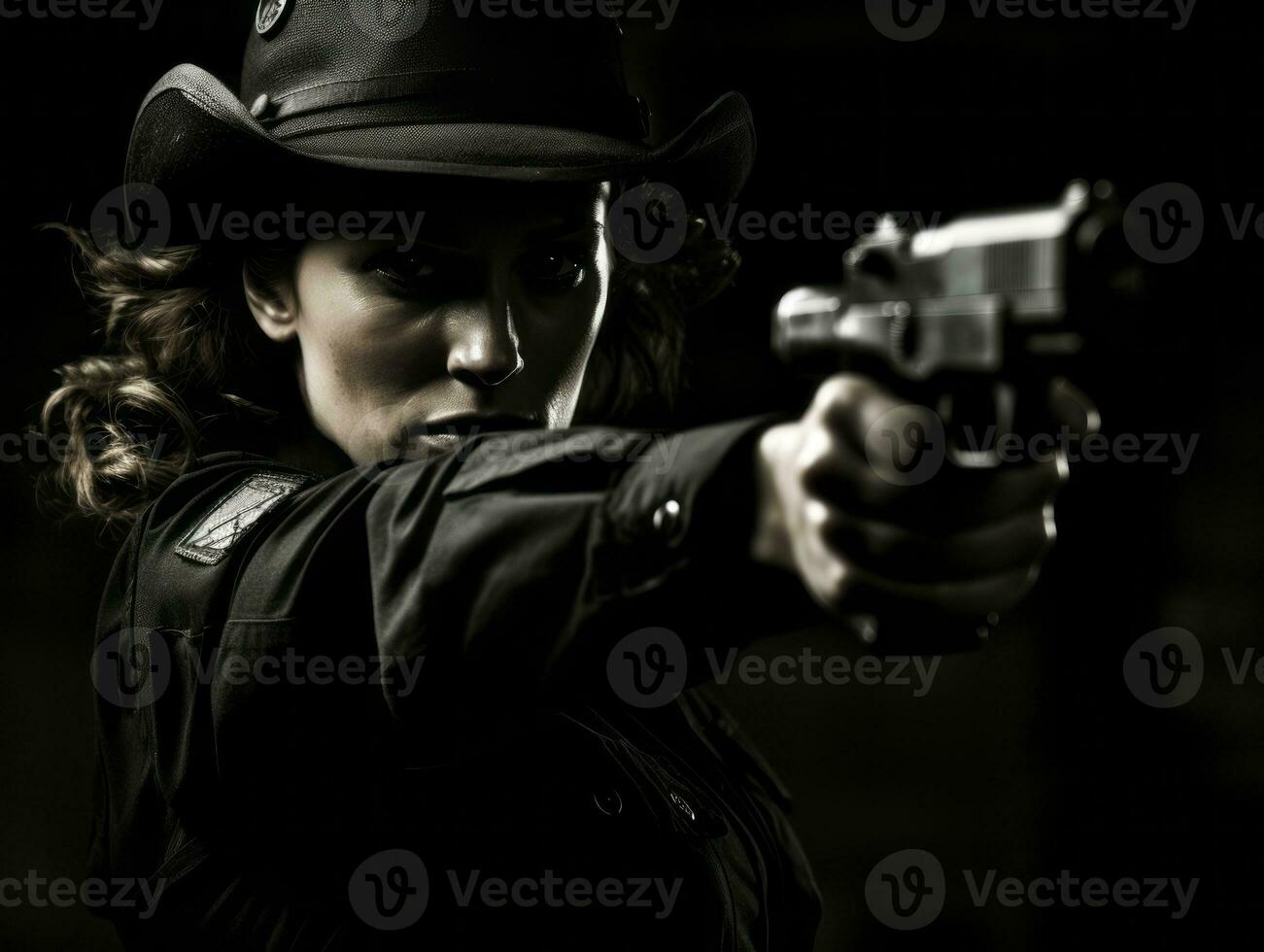 Policewoman is carefully examining the crime scene for potential evidence AI Generative photo