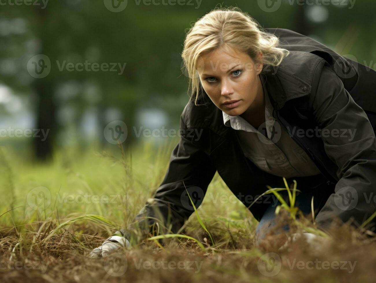 Policewoman is carefully examining the crime scene for potential evidence AI Generative photo