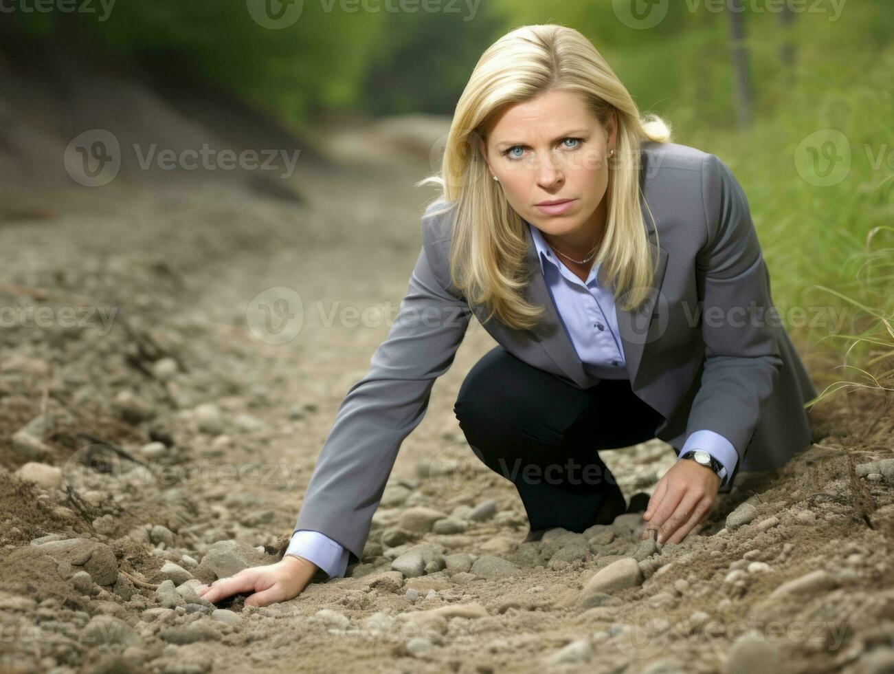 Policewoman is carefully examining the crime scene for potential evidence AI Generative photo