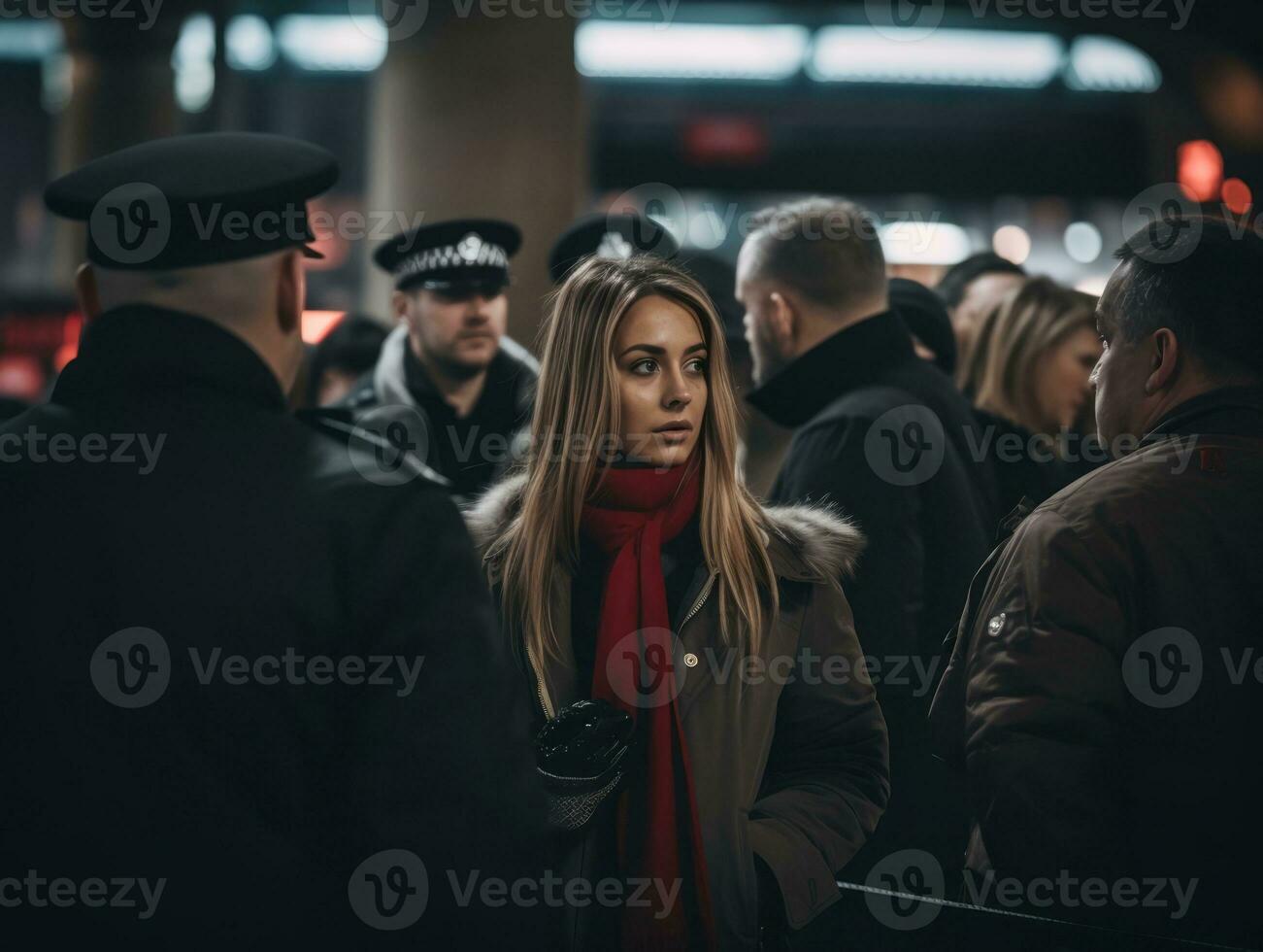 Policewoman is carefully examining the crime scene for potential evidence AI Generative photo