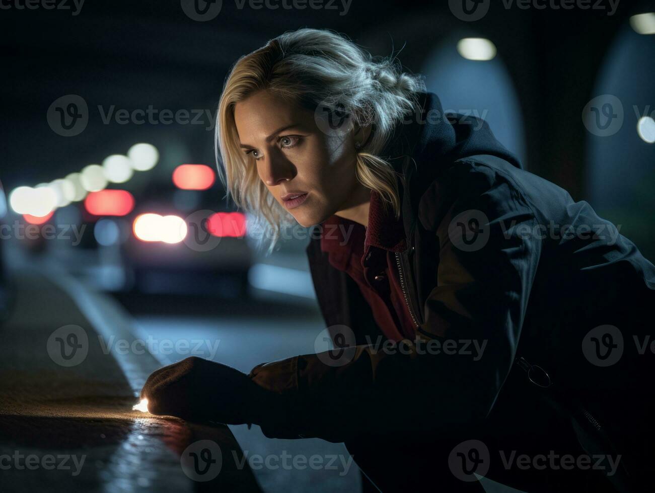 Policewoman is carefully examining the crime scene for potential evidence AI Generative photo