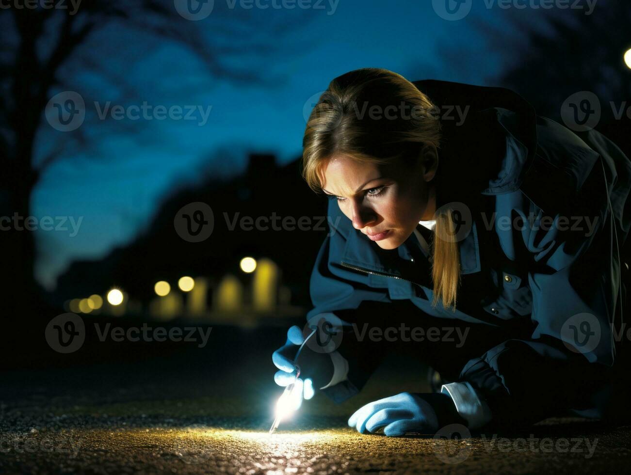 Policewoman is carefully examining the crime scene for potential evidence AI Generative photo