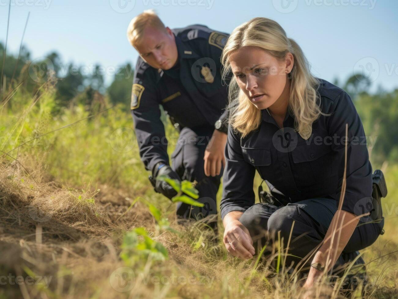 Policewoman is carefully examining the crime scene for potential evidence AI Generative photo