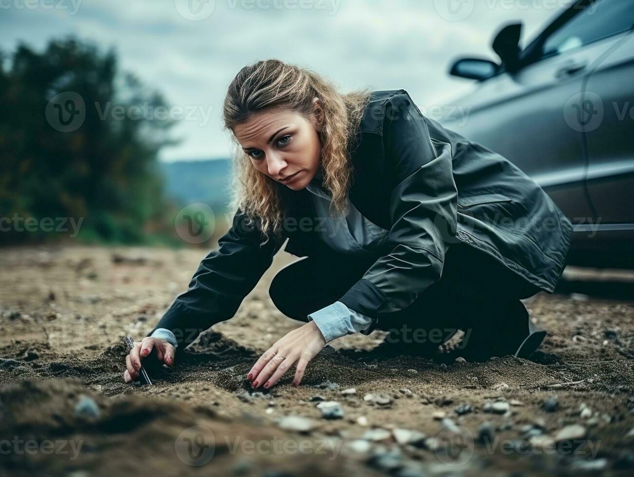 Policewoman is carefully examining the crime scene for potential evidence AI Generative photo