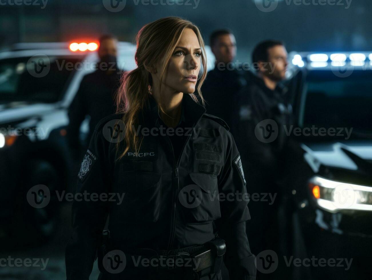Policewoman is carefully examining the crime scene for potential evidence AI Generative photo