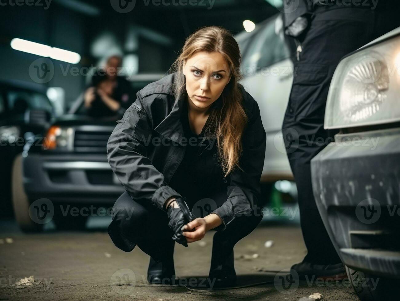 Policewoman is carefully examining the crime scene for potential evidence AI Generative photo