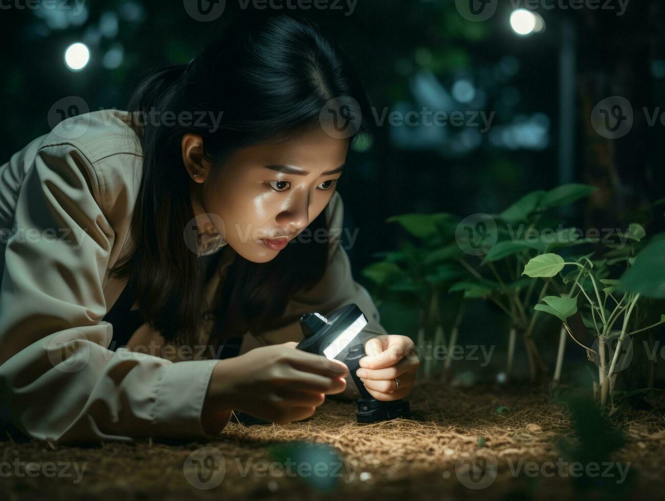 Policewoman is carefully examining the crime scene for potential evidence AI Generative photo