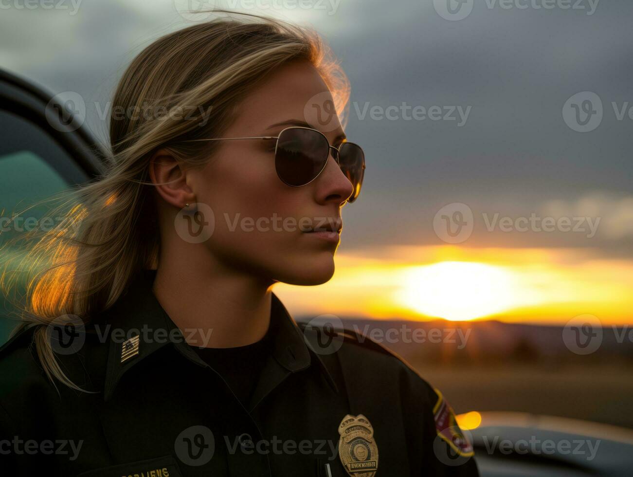 Policewoman is carefully examining the crime scene for potential evidence AI Generative photo