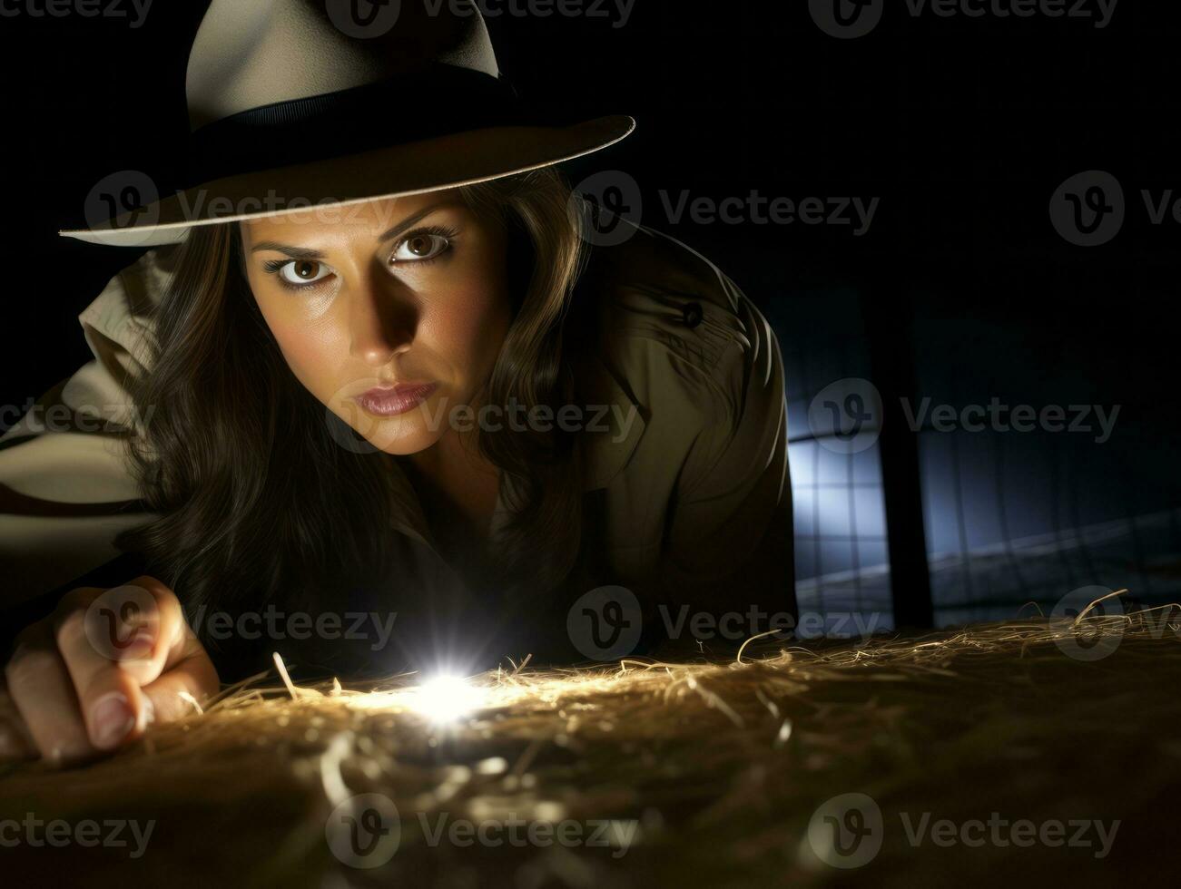 Policewoman is carefully examining the crime scene for potential evidence AI Generative photo