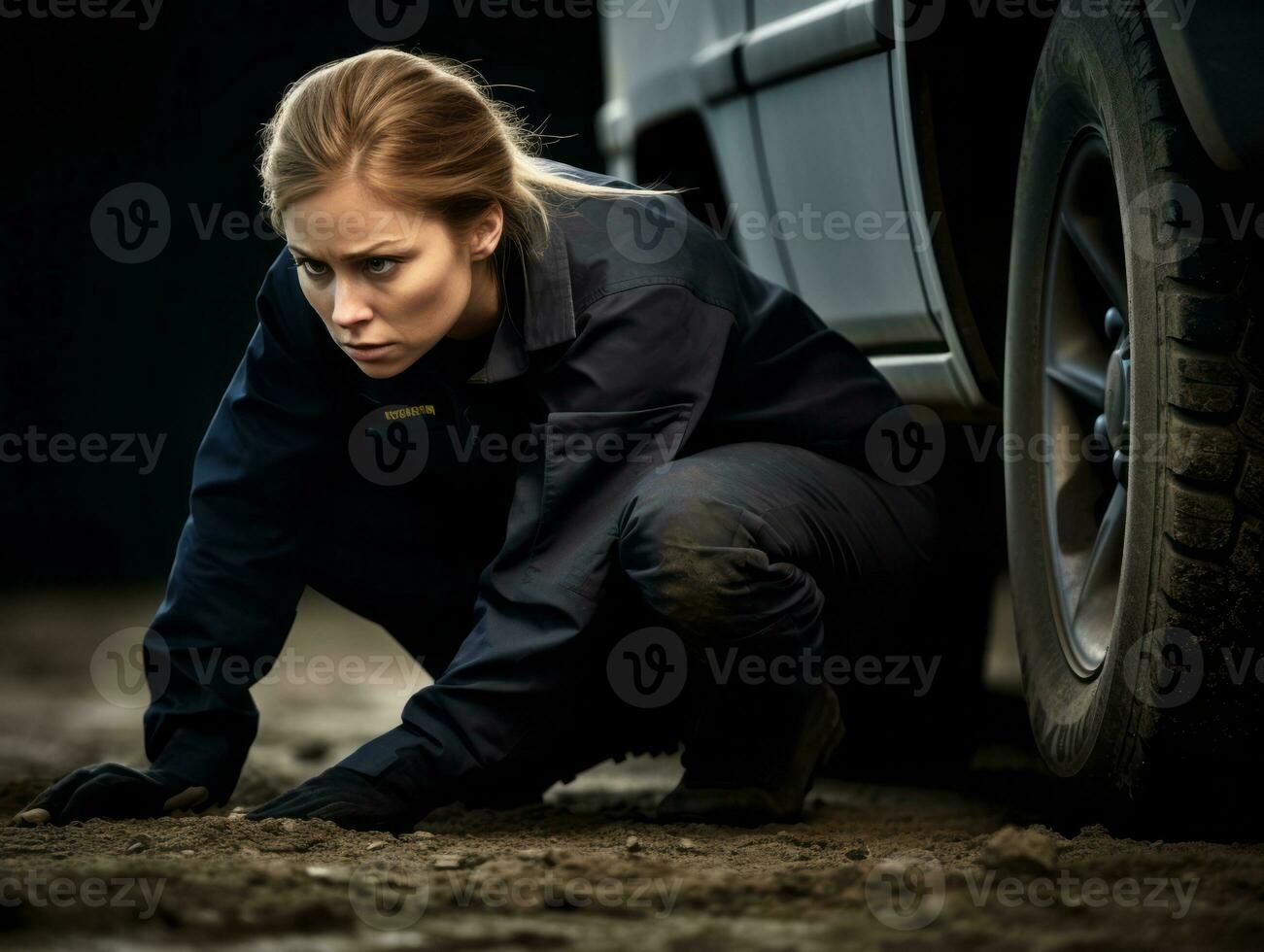 Policewoman is carefully examining the crime scene for potential evidence AI Generative photo