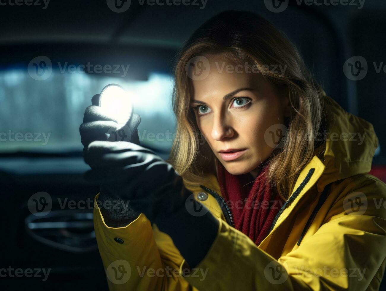 Policewoman is carefully examining the crime scene for potential evidence AI Generative photo