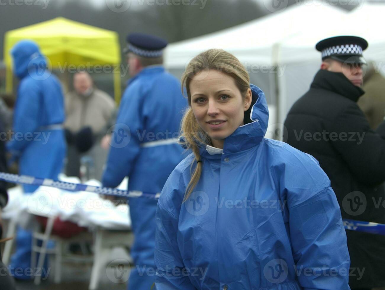 Policewoman is carefully examining the crime scene for potential evidence AI Generative photo