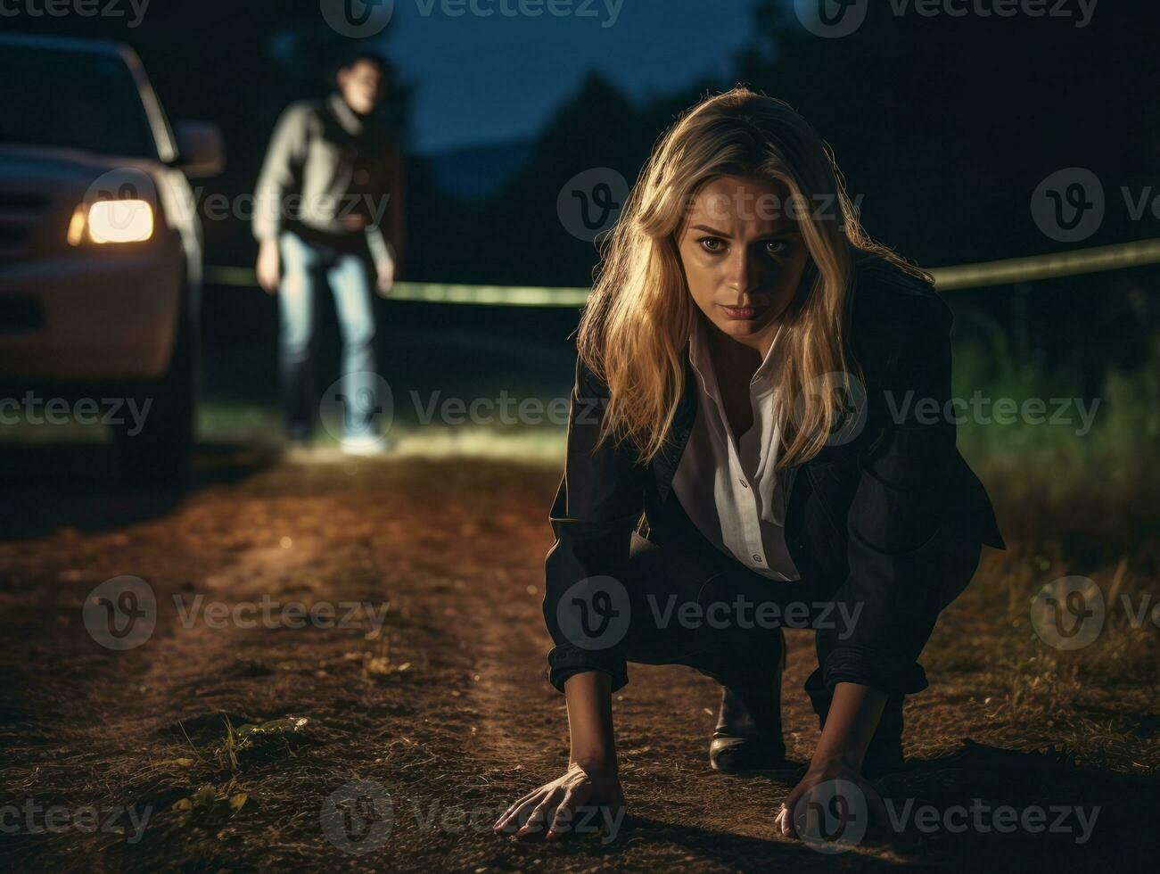 Policewoman is carefully examining the crime scene for potential evidence AI Generative photo