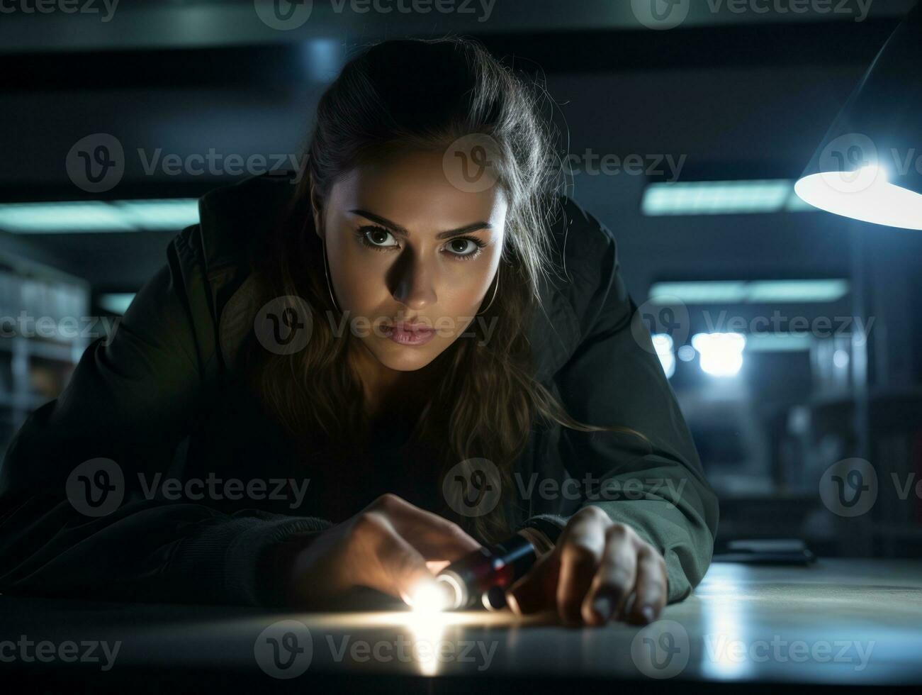 Policewoman is carefully examining the crime scene for potential evidence AI Generative photo
