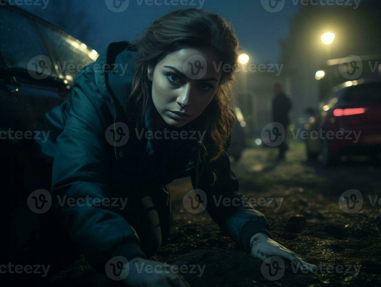 mujer policía es cuidadosamente examinando el crimen escena para potencial evidencia ai generativo foto