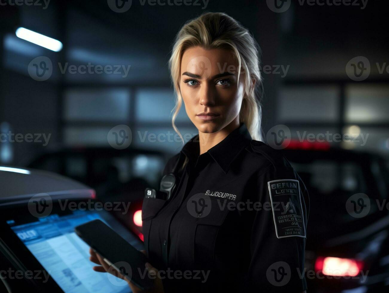 Policewoman is carefully examining the crime scene for potential evidence AI Generative photo