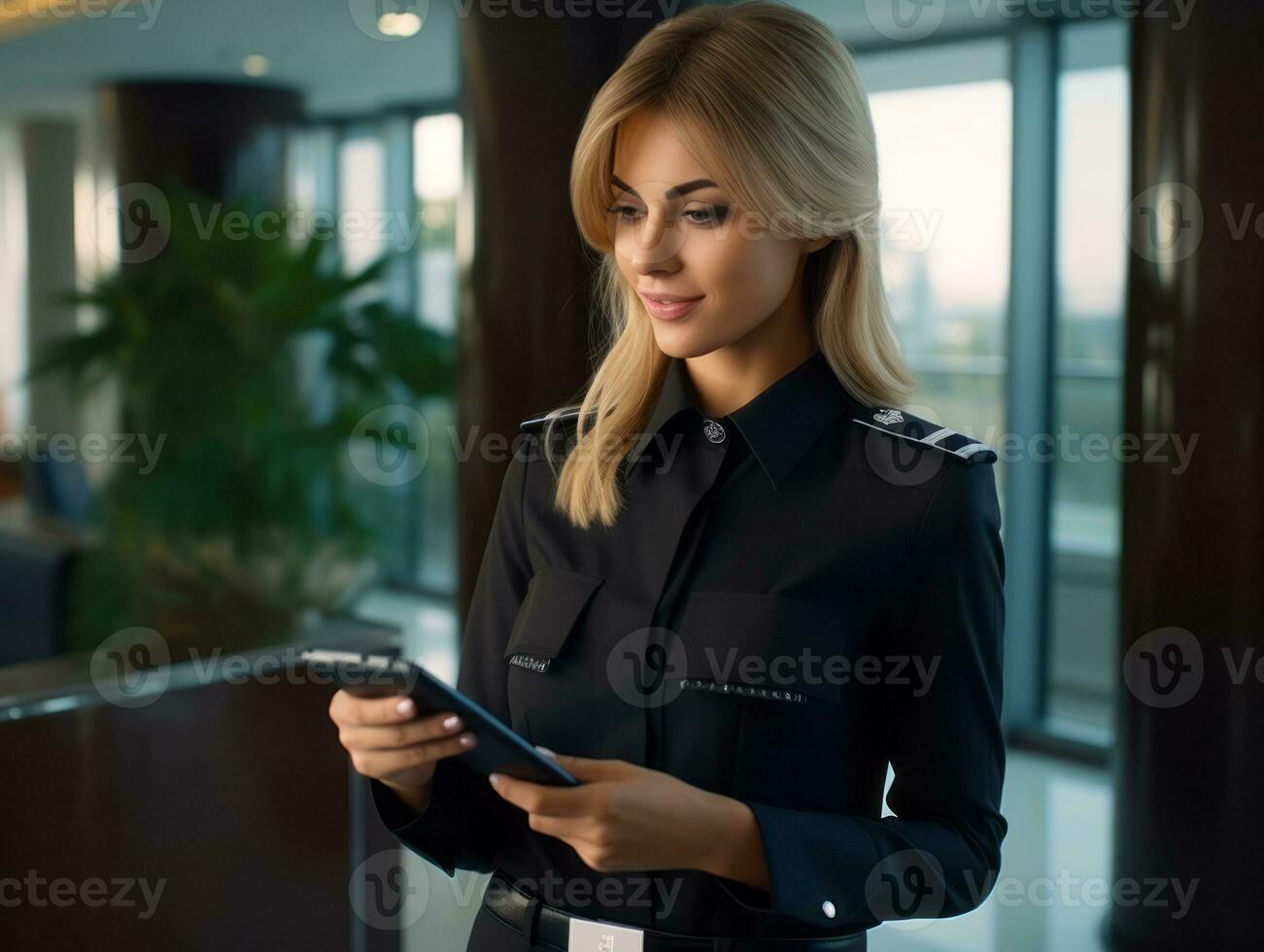 Policewoman is carefully examining the crime scene for potential evidence AI Generative photo