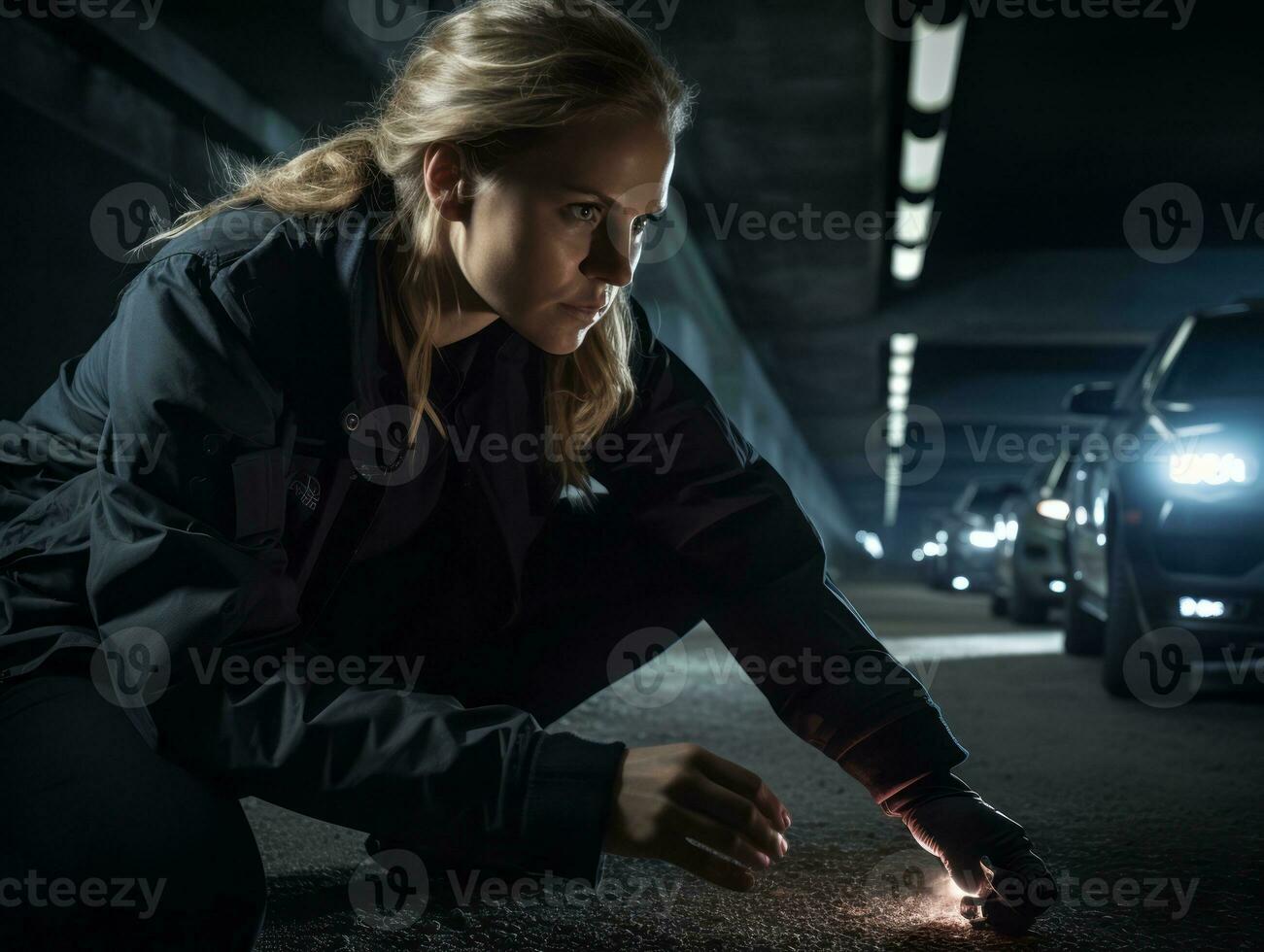 mujer policía es cuidadosamente examinando el crimen escena para potencial evidencia ai generativo foto