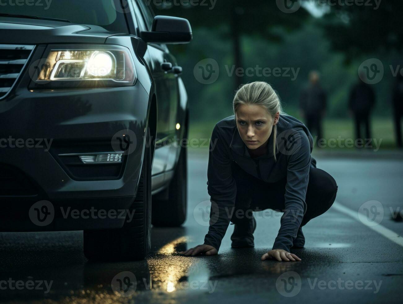 Policewoman is carefully examining the crime scene for potential evidence AI Generative photo