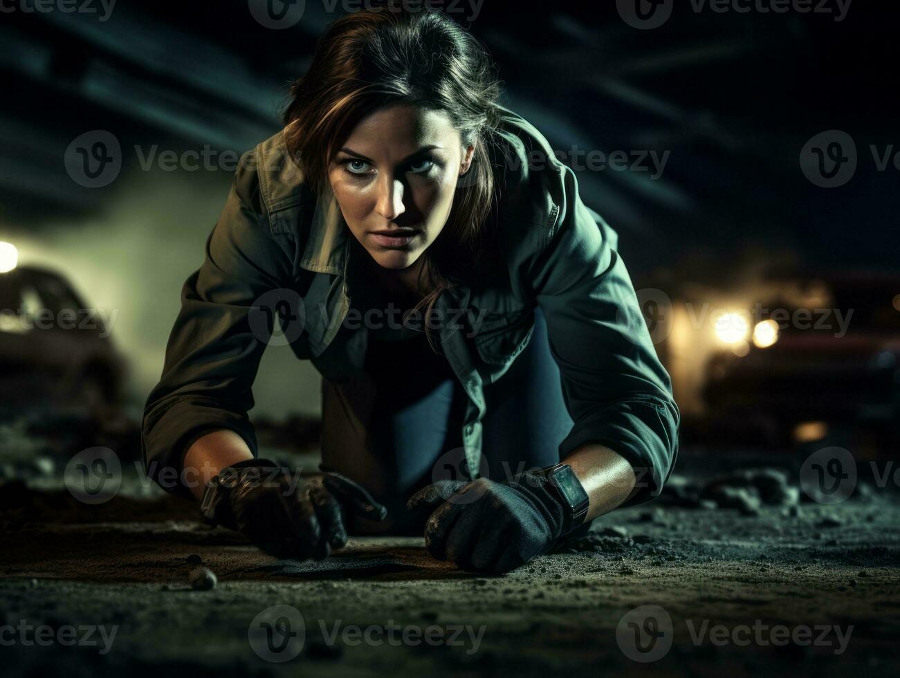 Policewoman is carefully examining the crime scene for potential evidence AI Generative photo