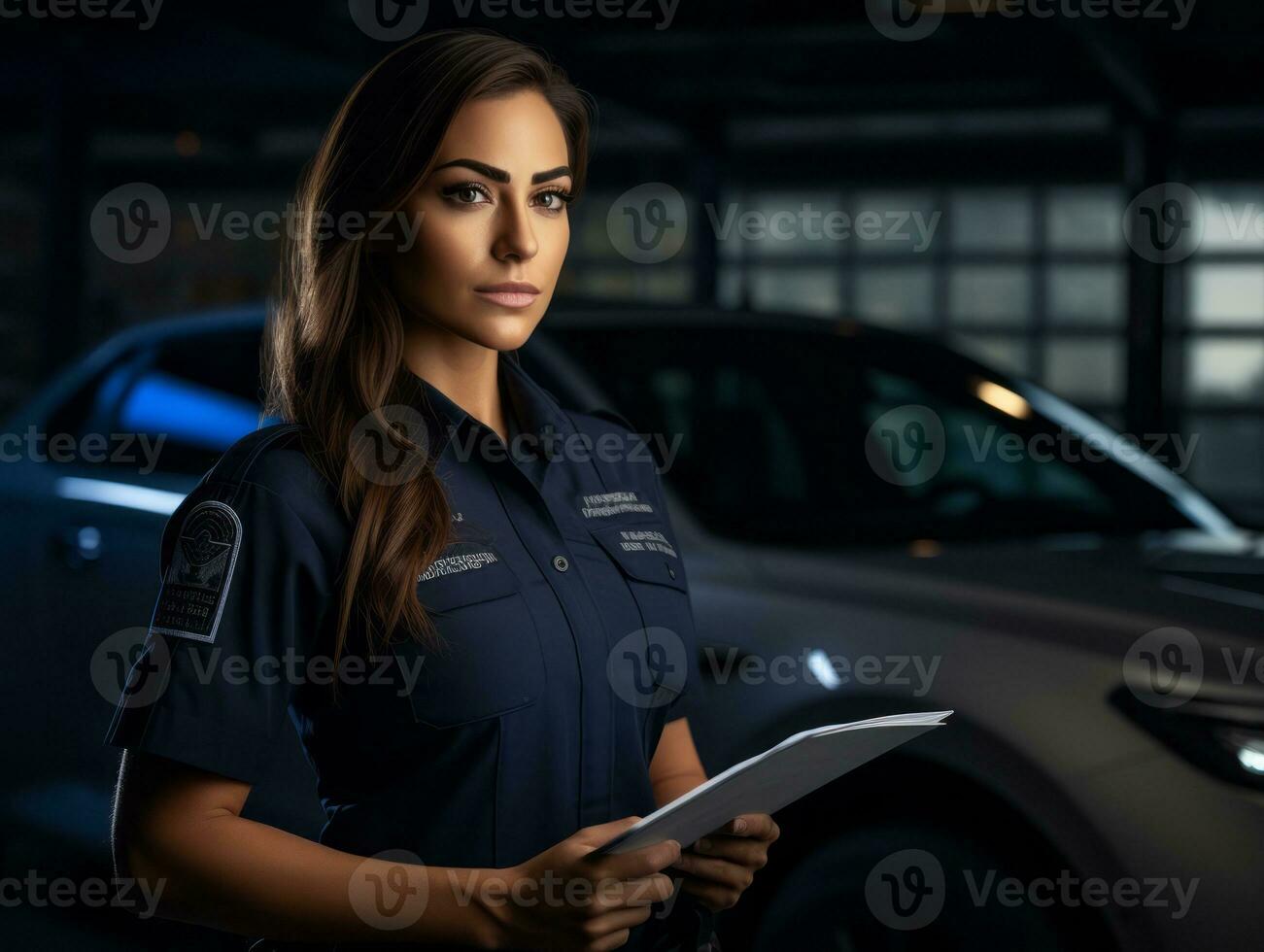 Policewoman is carefully examining the crime scene for potential evidence AI Generative photo