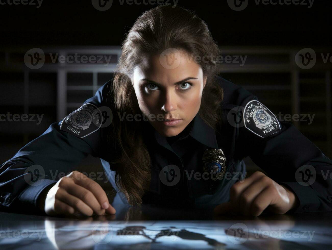 Policewoman is carefully examining the crime scene for potential evidence AI Generative photo