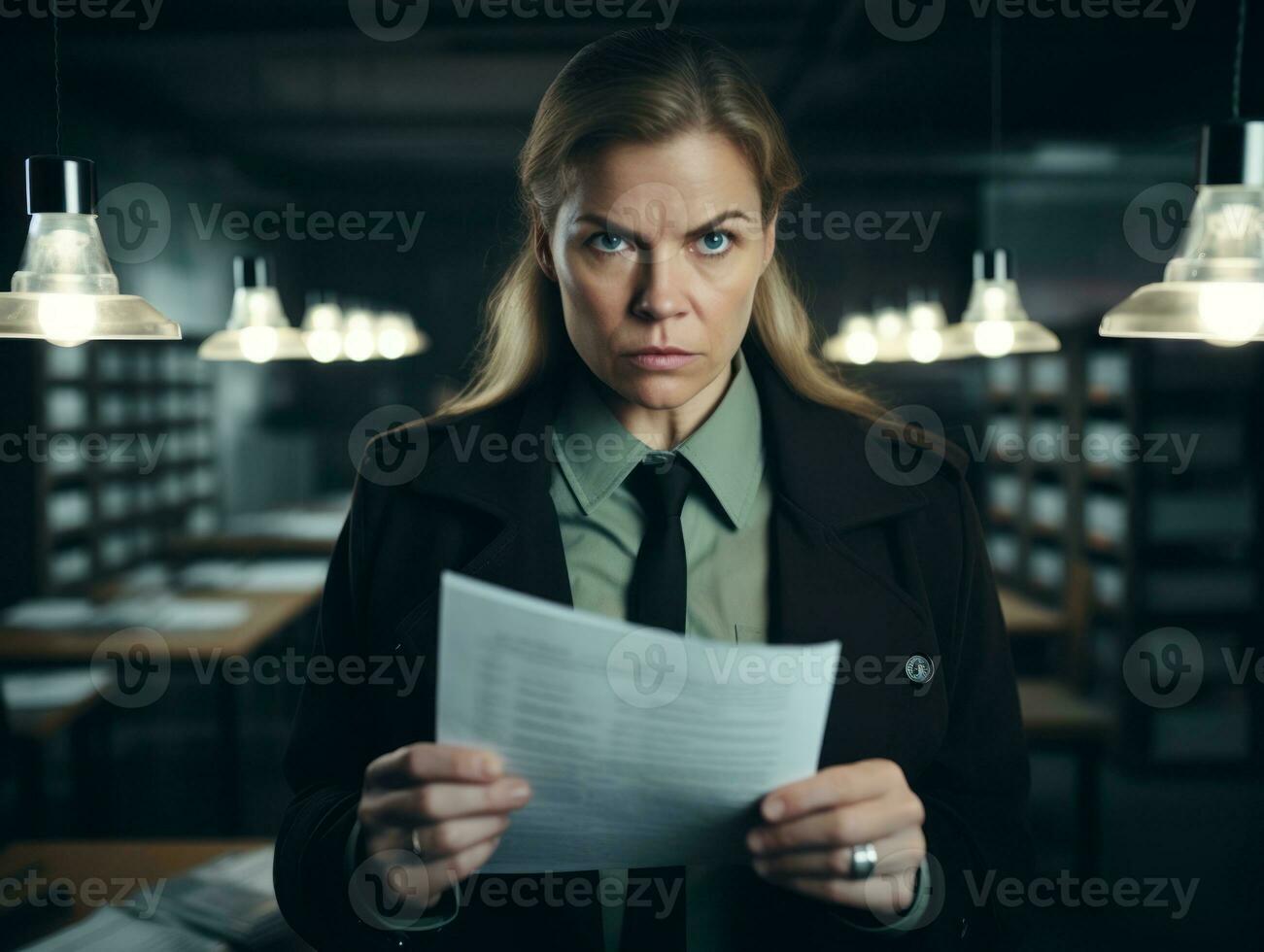 mujer policía es cuidadosamente examinando el crimen escena para potencial evidencia ai generativo foto