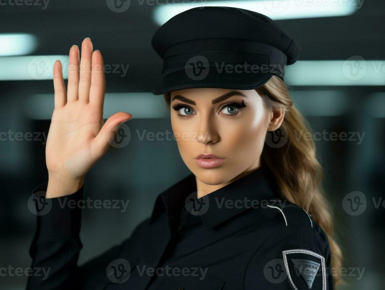 Policewoman is carefully examining the crime scene for potential evidence AI Generative photo