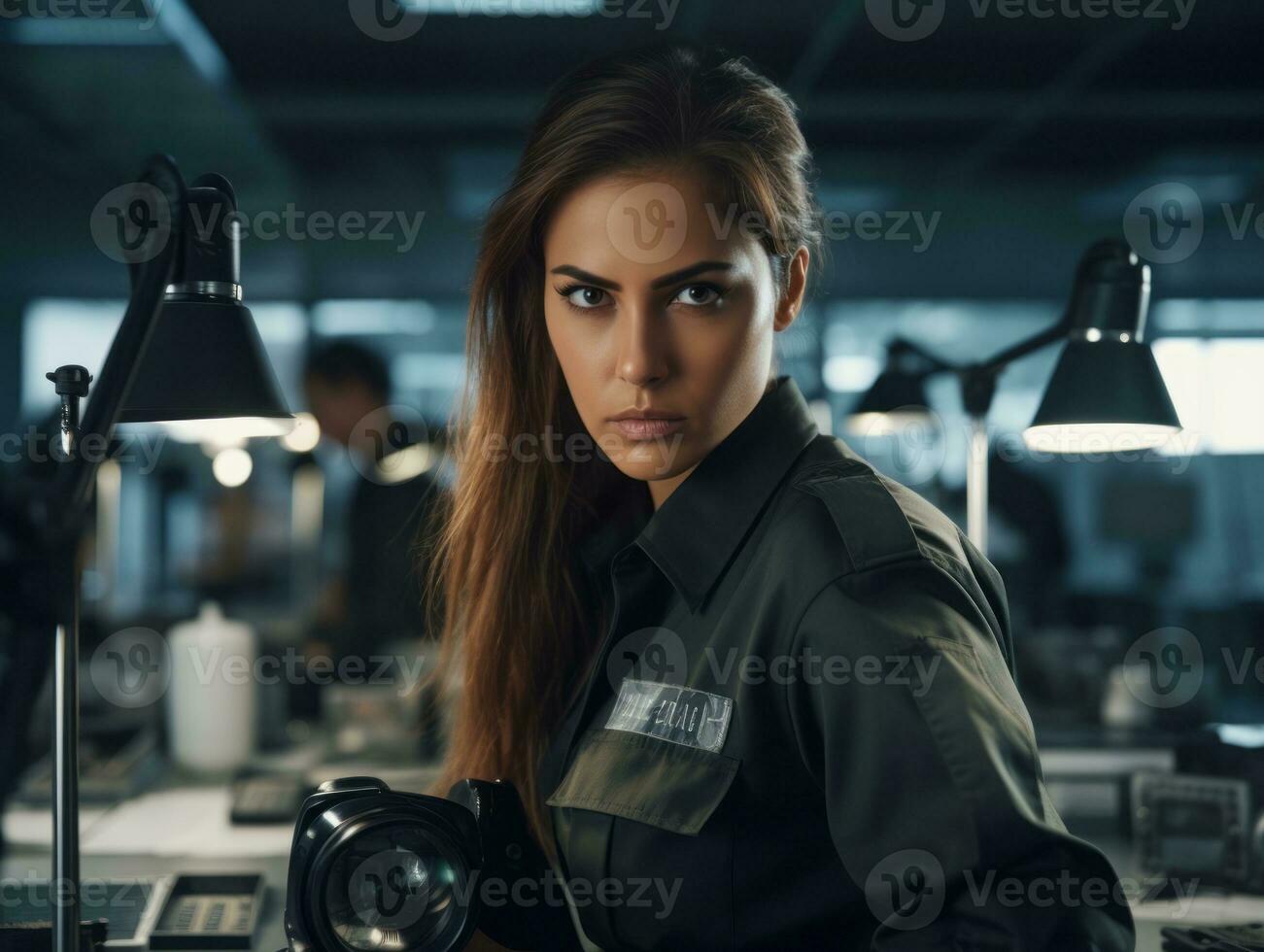 Policewoman is carefully examining the crime scene for potential evidence AI Generative photo