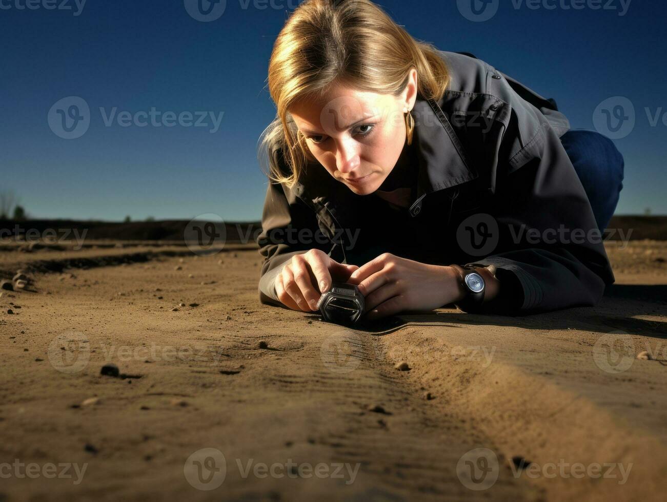 Policewoman is carefully examining the crime scene for potential evidence AI Generative photo