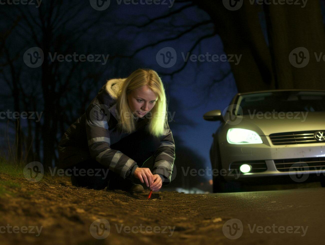 Policewoman is carefully examining the crime scene for potential evidence AI Generative photo