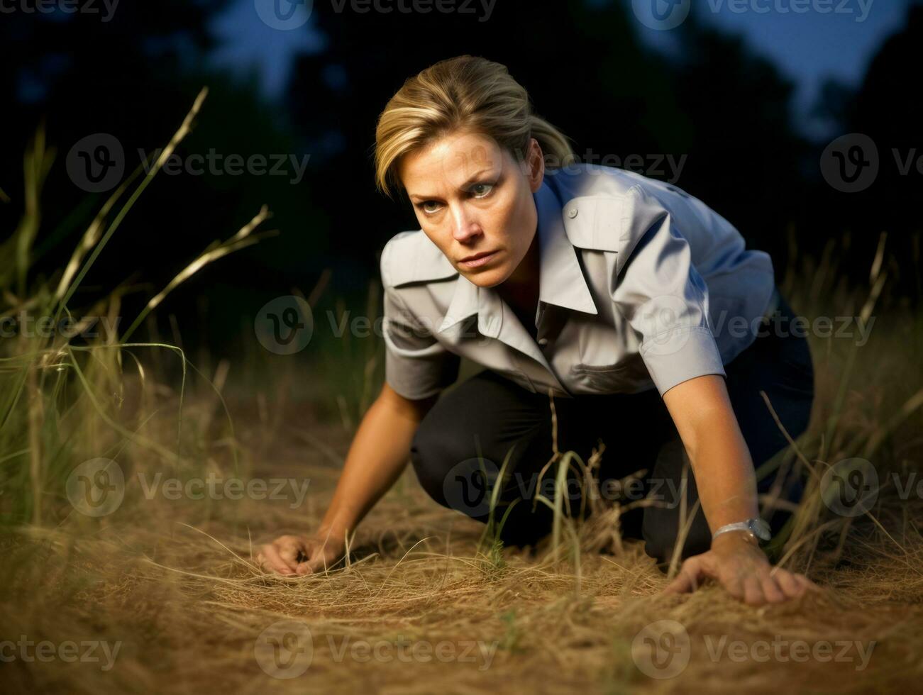 Policewoman is carefully examining the crime scene for potential evidence AI Generative photo