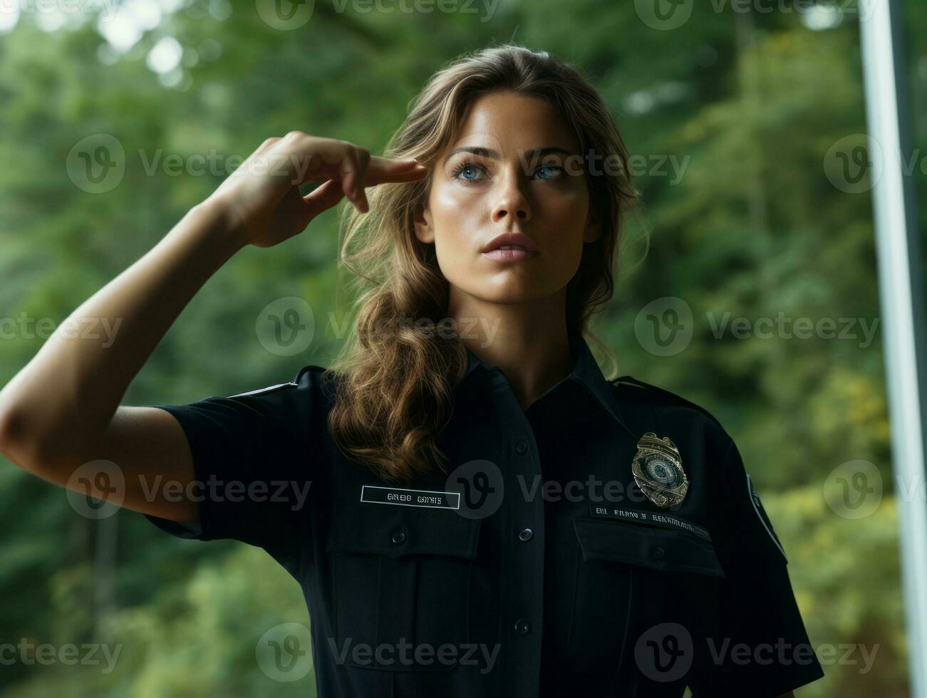 Policewoman is carefully examining the crime scene for potential evidence AI Generative photo