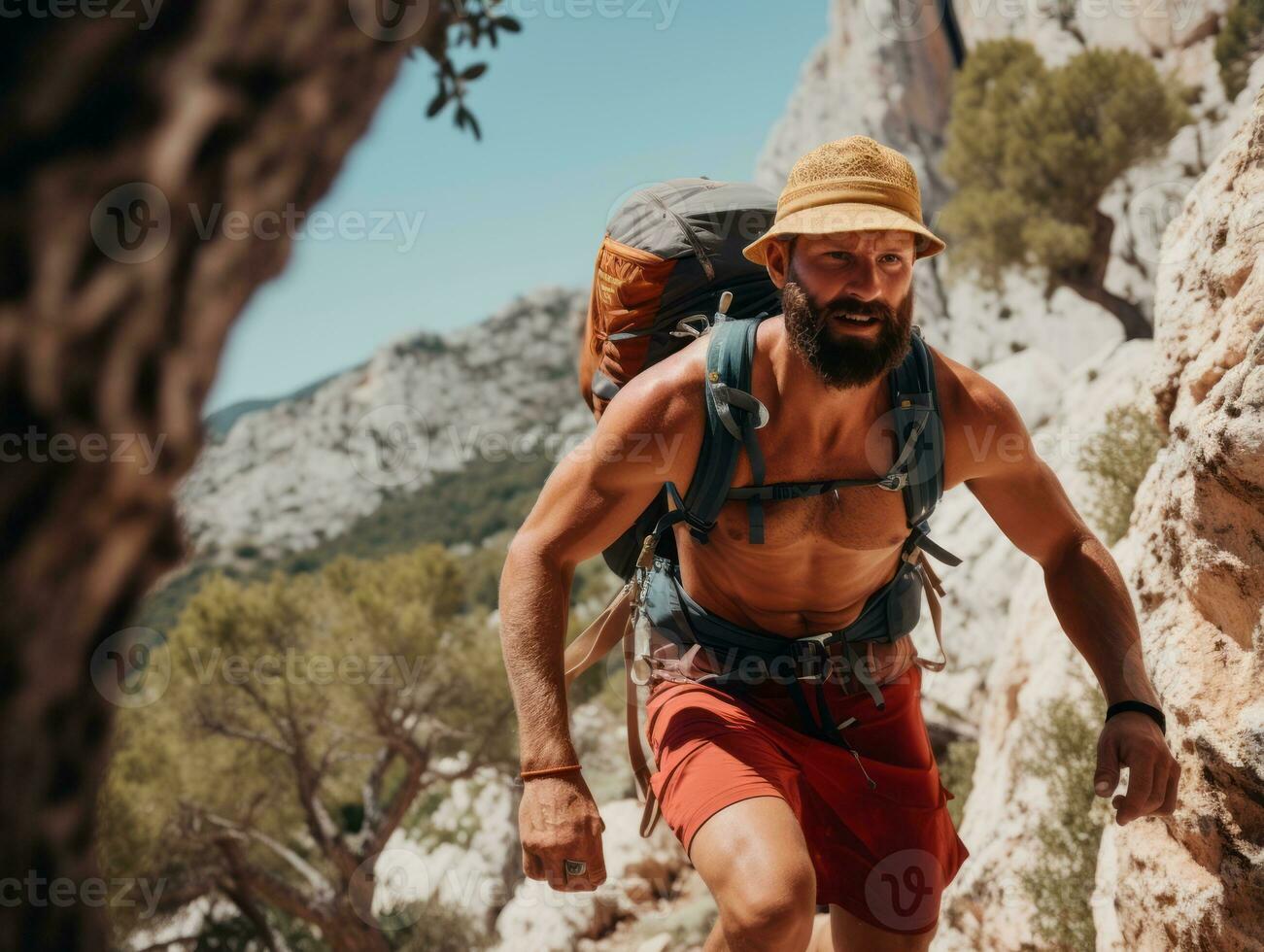 Determined man climbs a steep mountain trail AI Generative photo