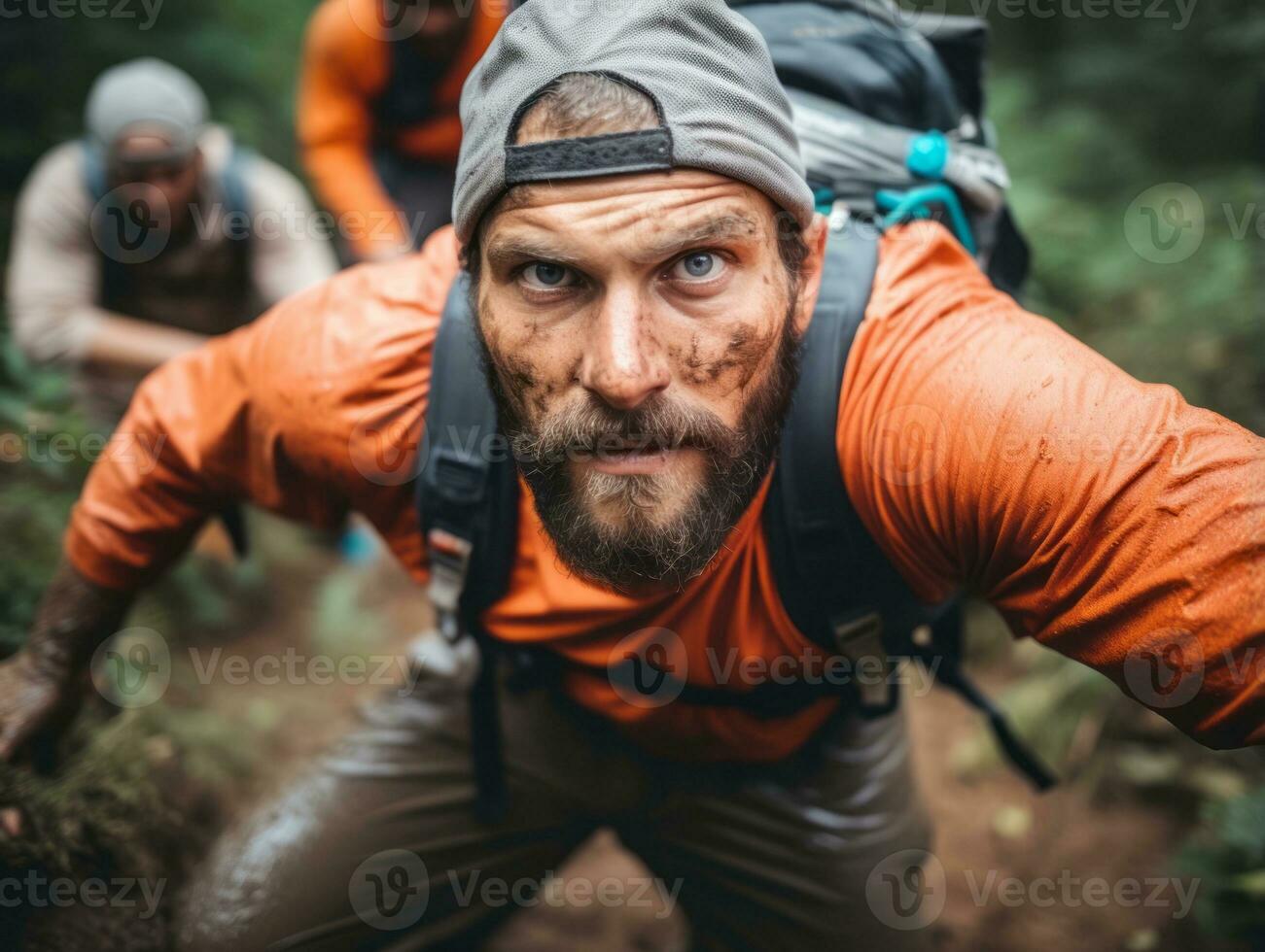 Determined man climbs a steep mountain trail AI Generative photo