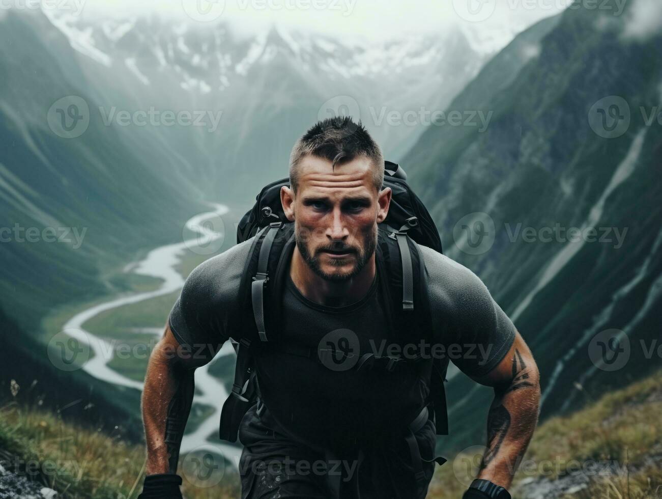 determinado hombre sube un escarpado montaña sendero ai generativo foto