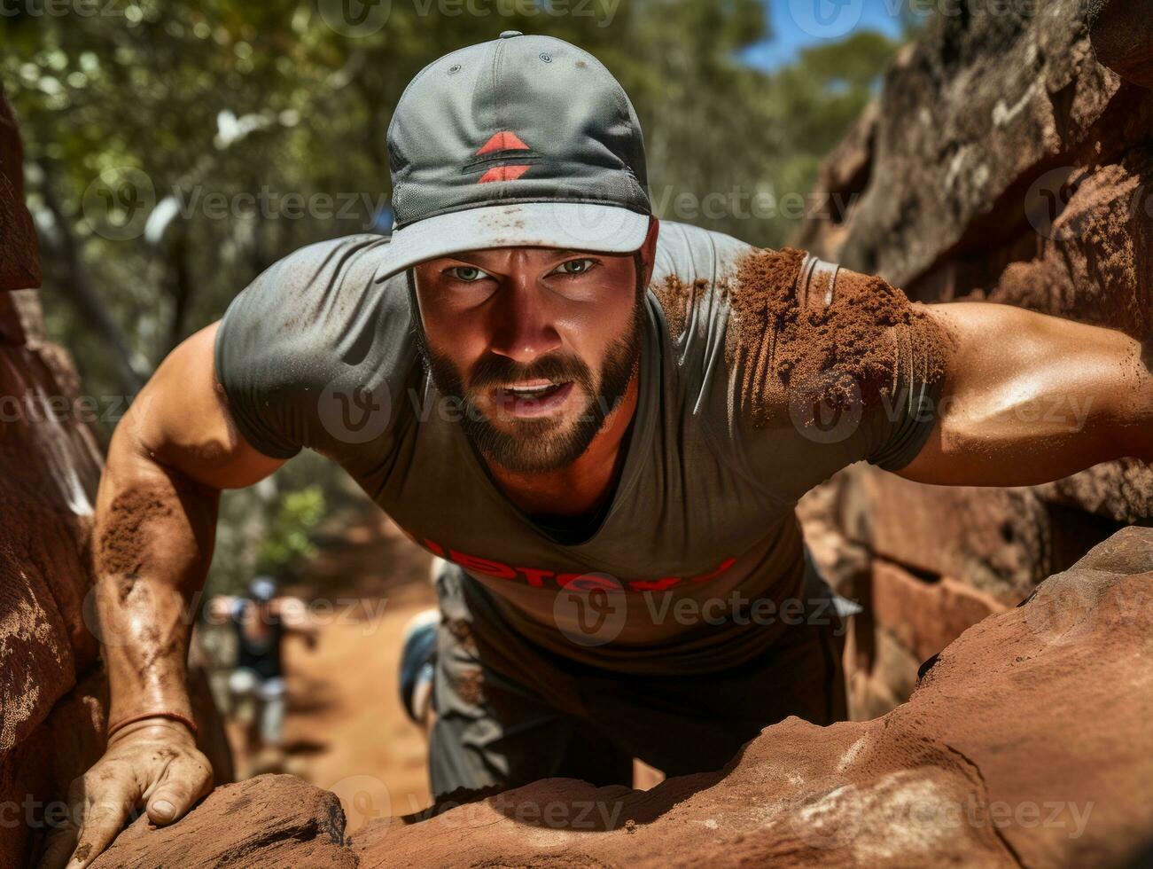 Determined man climbs a steep mountain trail AI Generative photo