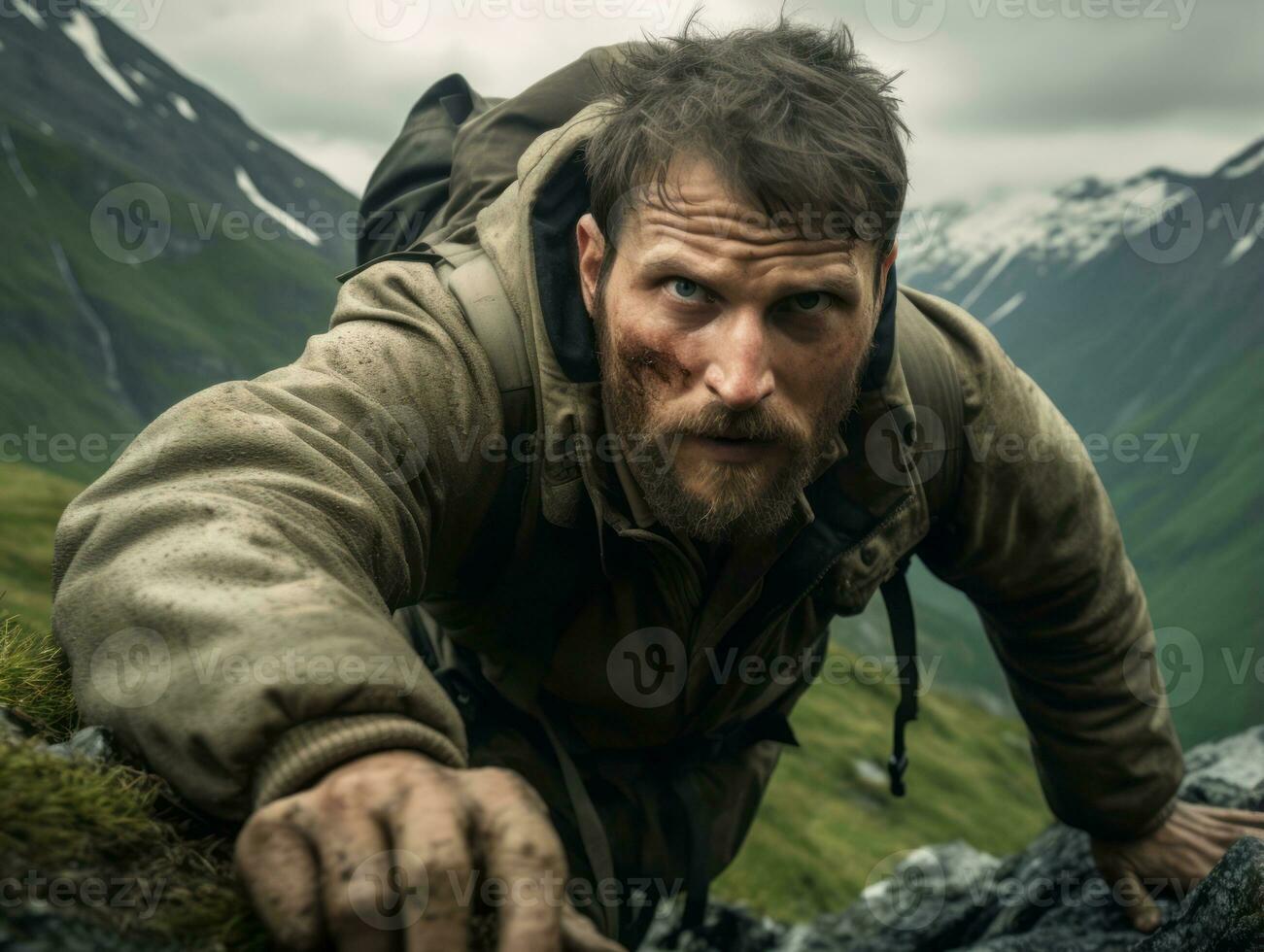 Determined man climbs a steep mountain trail AI Generative photo