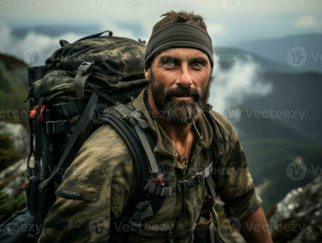 Determined man climbs a steep mountain trail AI Generative photo