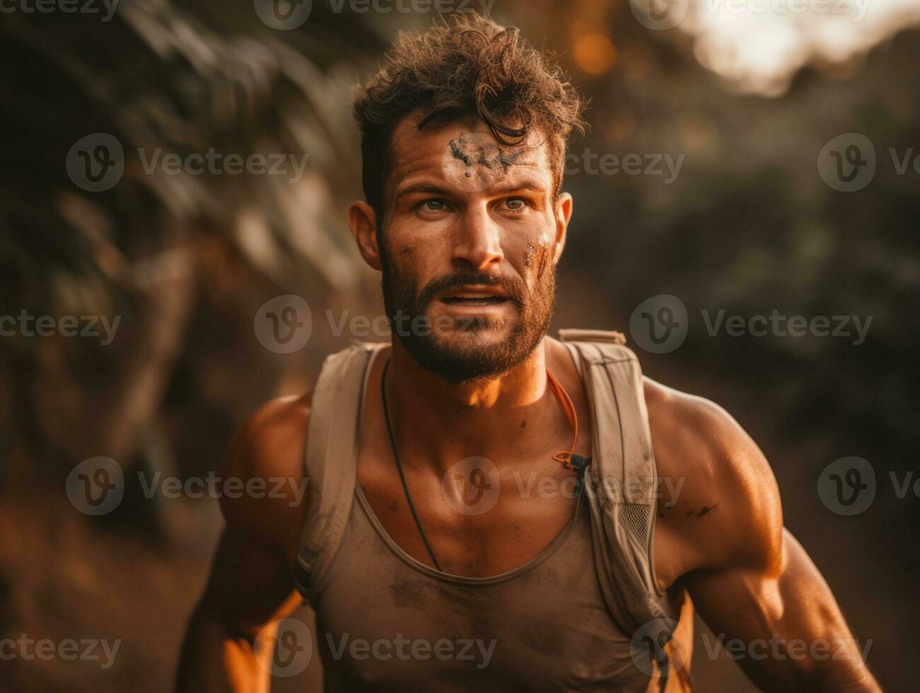 Determined man climbs a steep mountain trail AI Generative photo