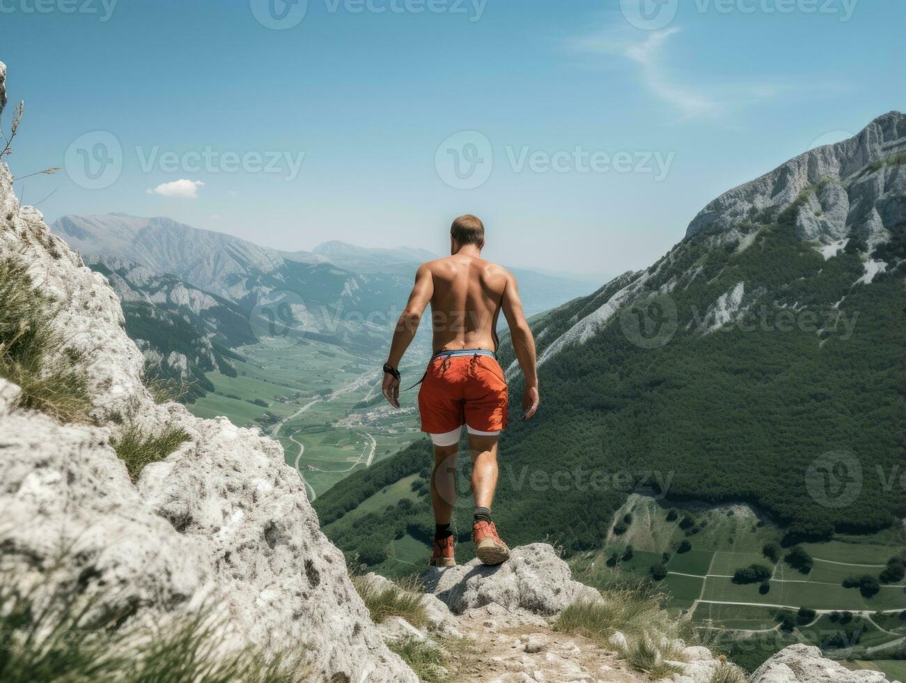 Determined man climbs a steep mountain trail AI Generative photo