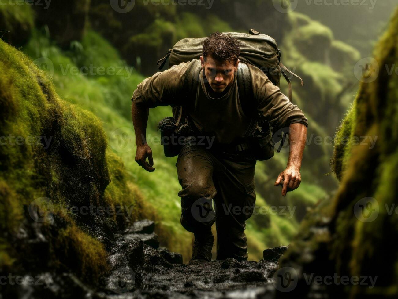 Determined man climbs a steep mountain trail AI Generative photo