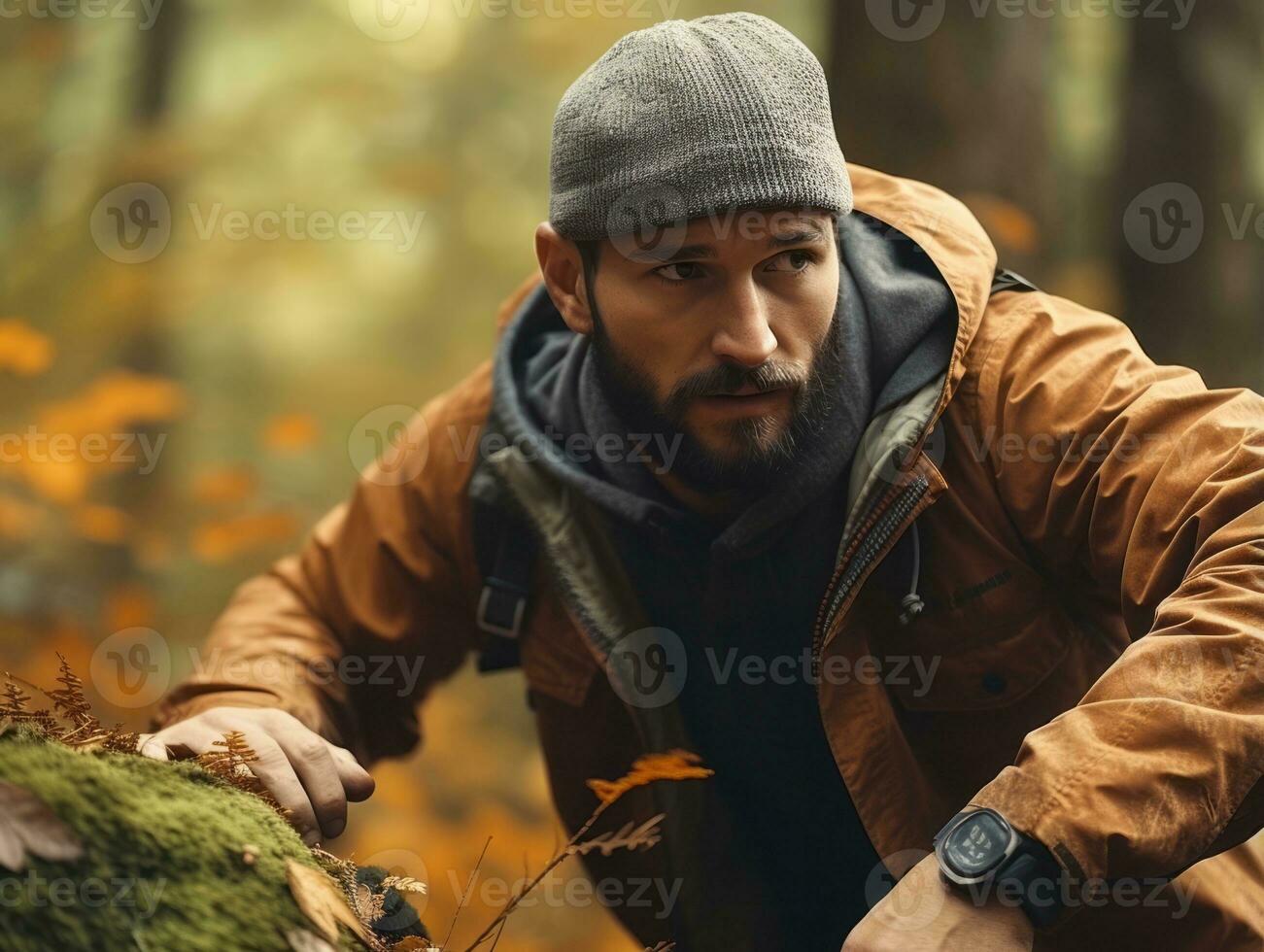 Determined man climbs a steep mountain trail AI Generative photo